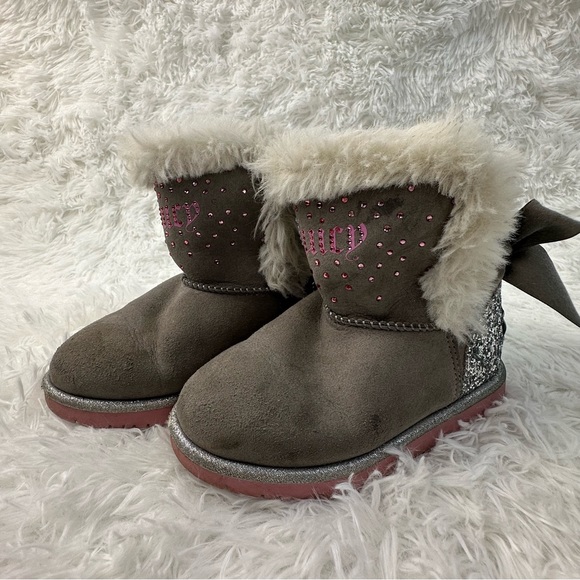 Juicy Couture Toddler Girls Gray Suede Faux Fur Boots Size 9M Embossed Logo - Picture 1 of 7
